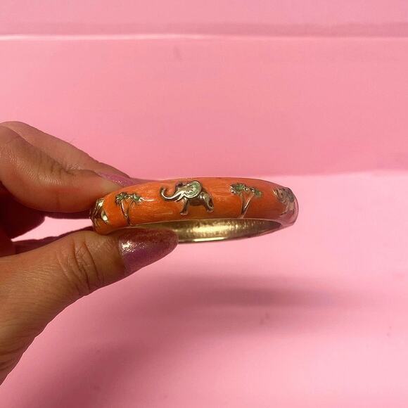 Vintage Orange and Golden Enameled and Cloisonné Bangle Bracelet Size 5 - Picture 2 of 4